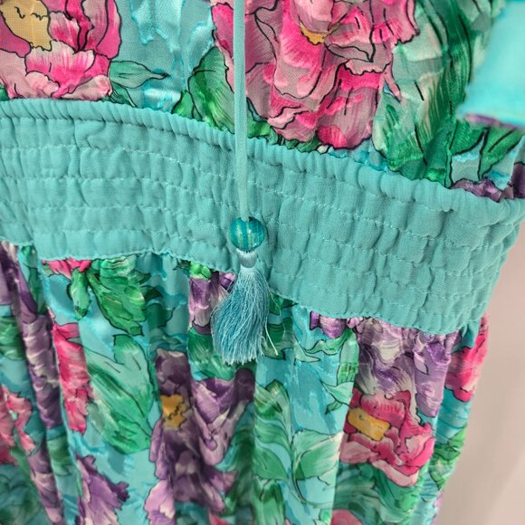 Vintage Diane Freis Green Tropical Rayon Silk Tassels 80s Jumpsuit XL (See Meas) - Picture 5 of 16